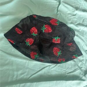 Lirika Matoshi Viral Black Bucket Hat with Red Sequin Strawberries
